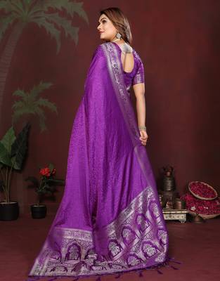 Purple zari weaving work satin silk saree with blouse 3