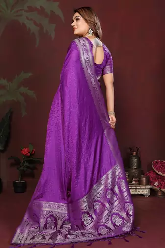 Purple zari weaving work satin silk saree with blouse