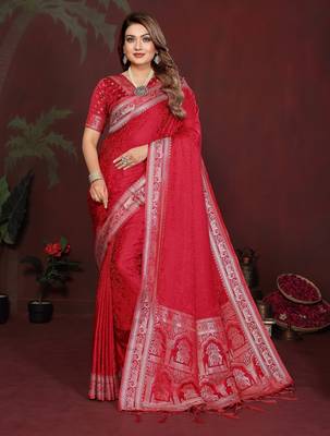 Red zari weaving work satin silk saree with blouse 1