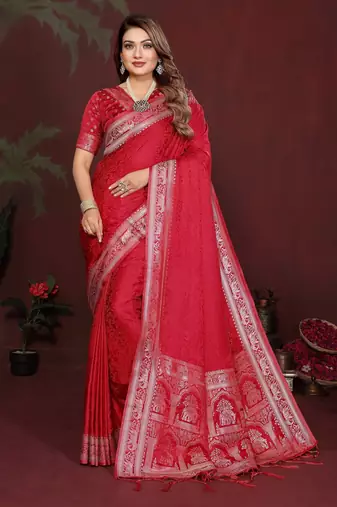 Red zari weaving work satin silk saree with blouse