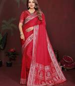 Red zari weaving work satin silk saree with blouse