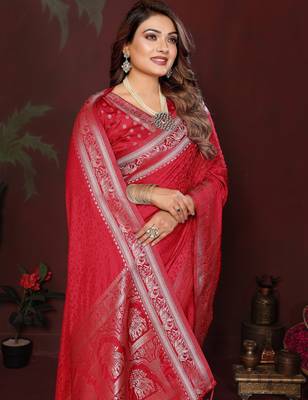 Red zari weaving work satin silk saree with blouse 2