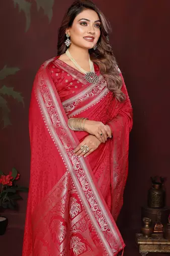 Red zari weaving work satin silk saree with blouse