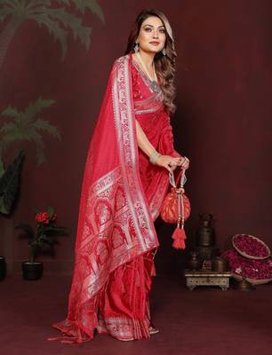 Red zari weaving work satin silk saree with blouse 3