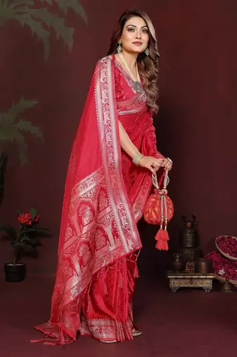 Red zari weaving work satin silk saree with blouse