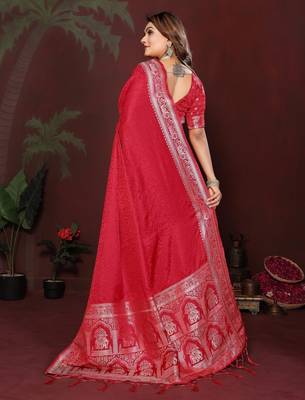 Red zari weaving work satin silk saree with blouse 4