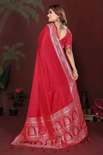 Red zari weaving work satin silk saree with blouse
