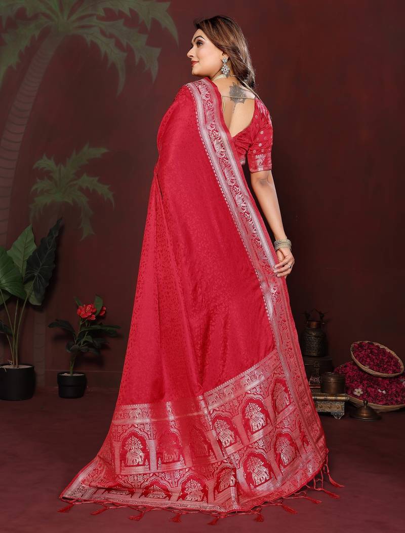 Red zari weaving work satin silk saree with blouse