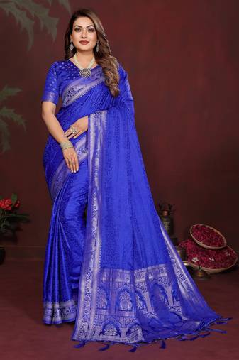 R blue zari weaving work satin silk saree with blouse