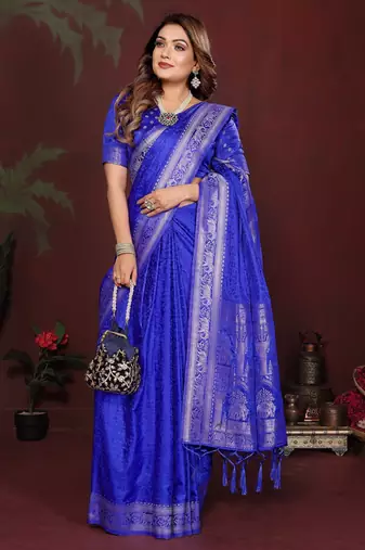 R blue zari weaving work satin silk saree with blouse