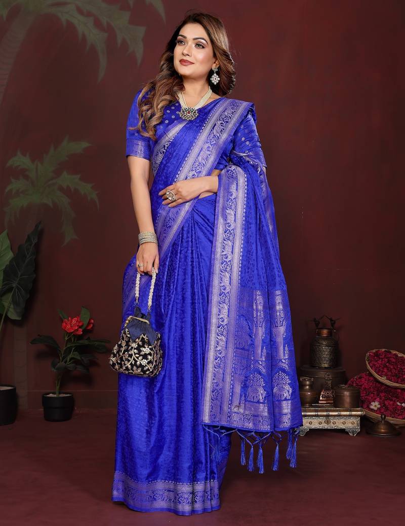 R blue zari weaving work satin silk saree with blouse