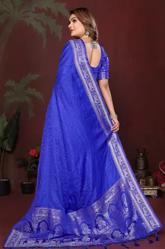 R blue zari weaving work satin silk saree with blouse