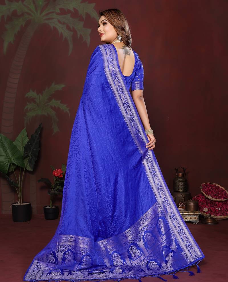R blue zari weaving work satin silk saree with blouse
