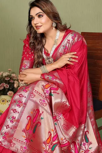 Red paithani gala silk saree with blouse