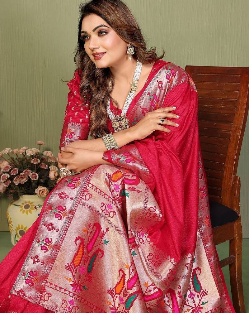 Red paithani gala silk saree with blouse