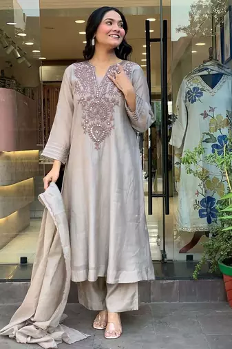  muslin cotton mirror embroidered grey anarkali kurta pant set with printed dupatta