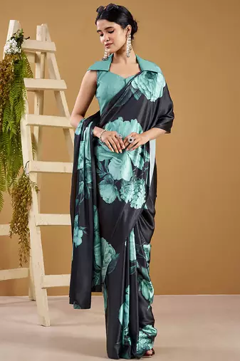 Luxurious satin silk saree with floral prints