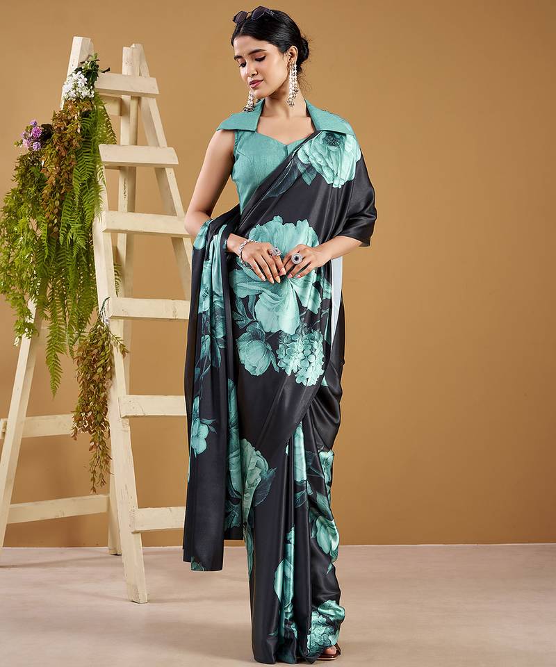 Luxurious satin silk saree with floral prints