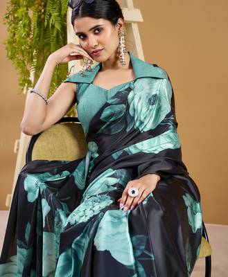 Luxurious satin silk saree with floral prints 2