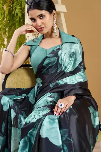 Luxurious satin silk saree with floral prints