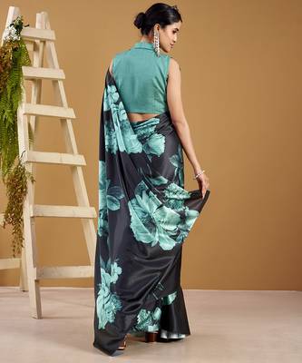 Luxurious satin silk saree with floral prints 3