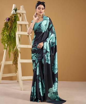 Luxurious satin silk saree with floral prints 4