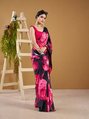 Luxurious satin silk saree with floral prints 1