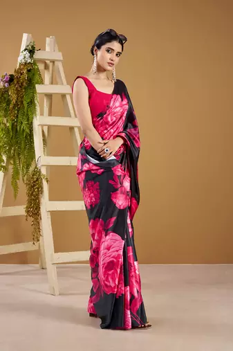 Luxurious satin silk saree with floral prints