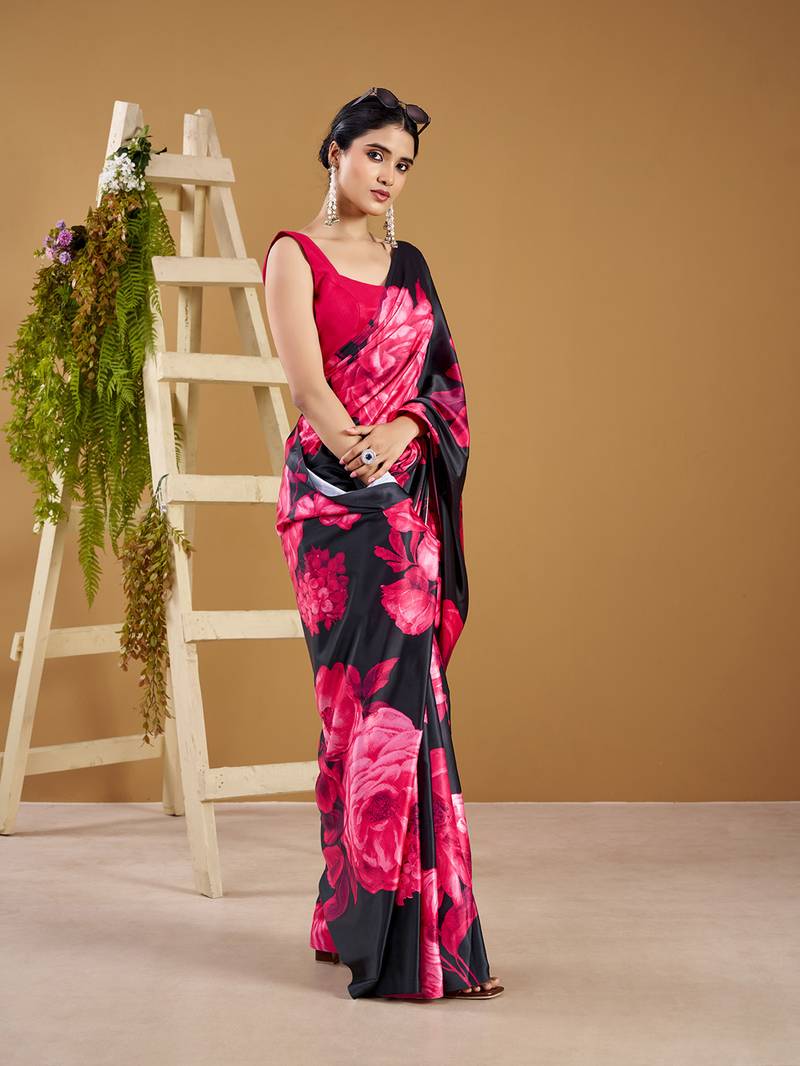 Luxurious satin silk saree with floral prints