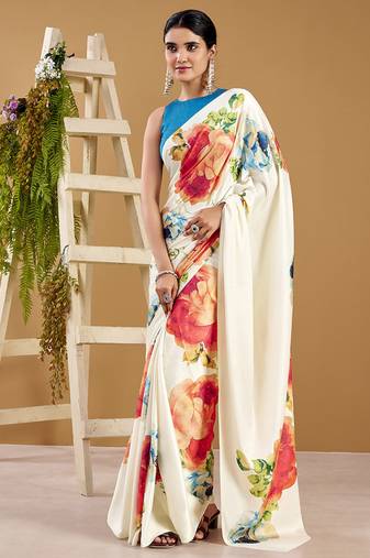 Luxurious satin silk saree with floral prints