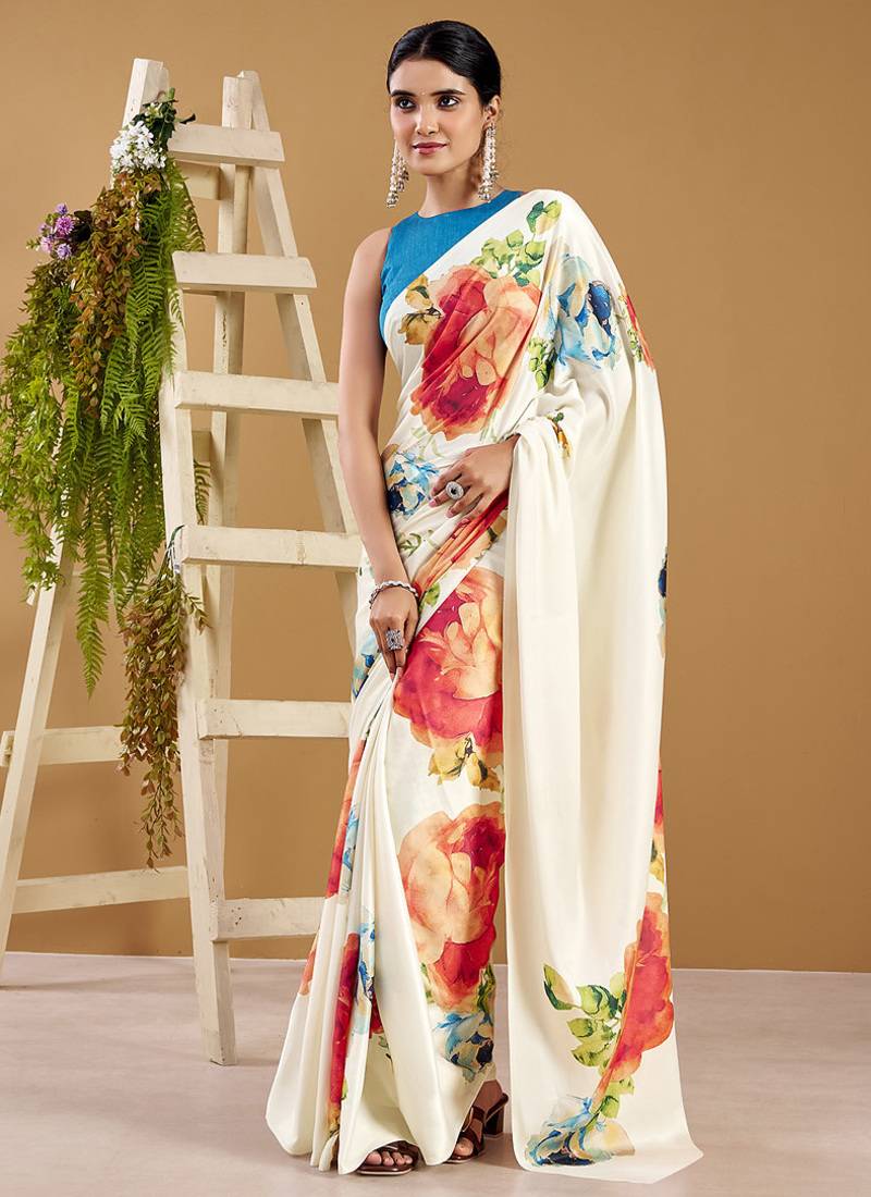 Luxurious satin silk saree with floral prints