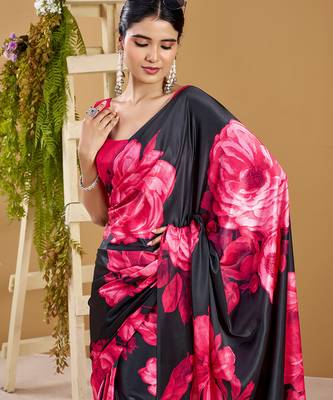 Luxurious satin silk saree with floral prints 2
