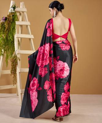 Luxurious satin silk saree with floral prints 3