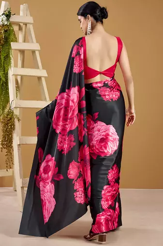 Luxurious satin silk saree with floral prints