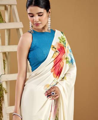 Luxurious satin silk saree with floral prints 2