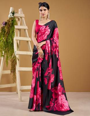 Luxurious satin silk saree with floral prints 4