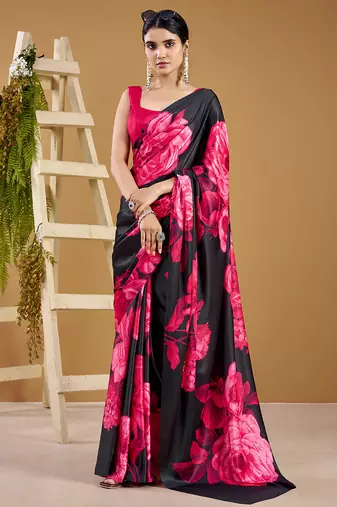 Luxurious satin silk saree with floral prints