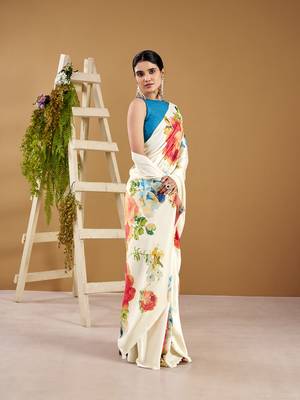 Luxurious satin silk saree with floral prints 4