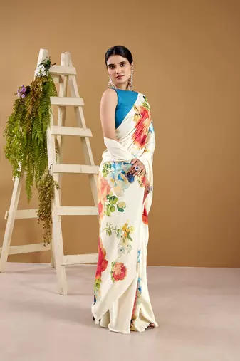 Luxurious satin silk saree with floral prints