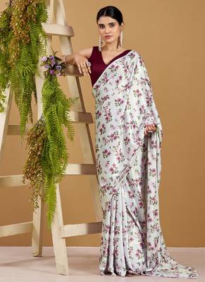 Luxurious satin silk saree with floral prints 1