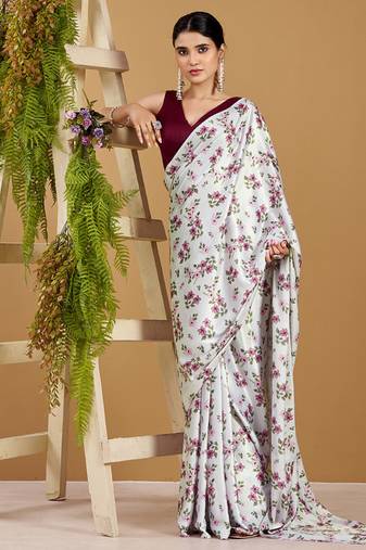Luxurious satin silk saree with floral prints