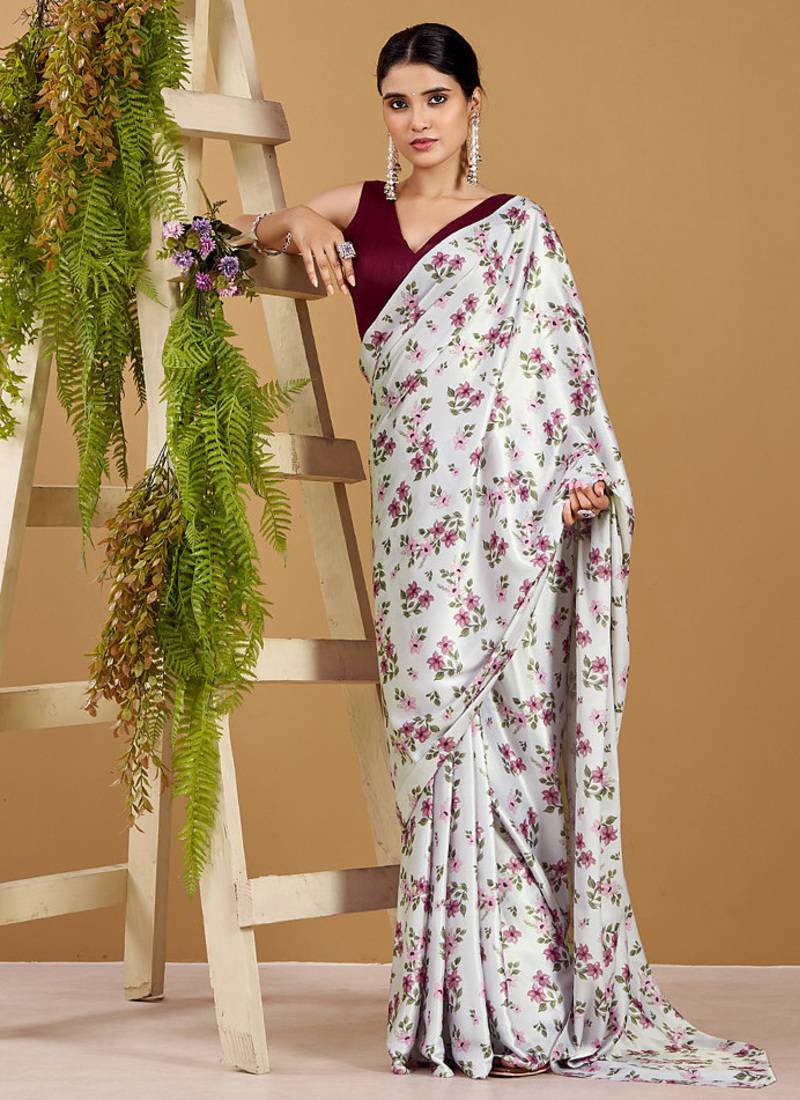 Luxurious satin silk saree with floral prints