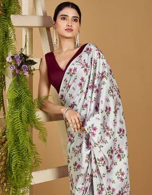 Luxurious satin silk saree with floral prints 2