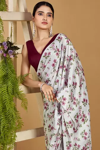 Luxurious satin silk saree with floral prints