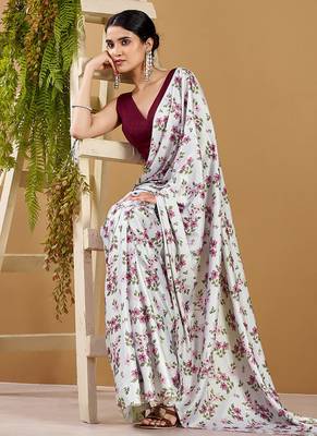Luxurious satin silk saree with floral prints 4