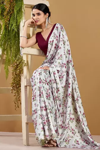 Luxurious satin silk saree with floral prints