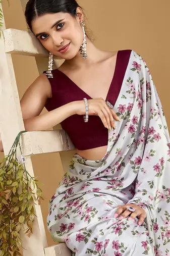 Luxurious satin silk saree with floral prints