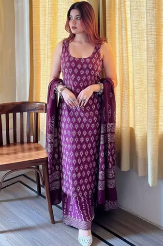 Women’s rayon silk printed purple kurta sharara set with chanderi dupatta