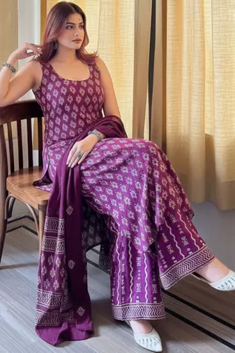  rayon silk printed purple kurta sharara set with chanderi dupatta