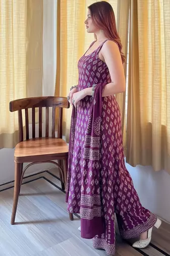  rayon silk printed purple kurta sharara set with chanderi dupatta